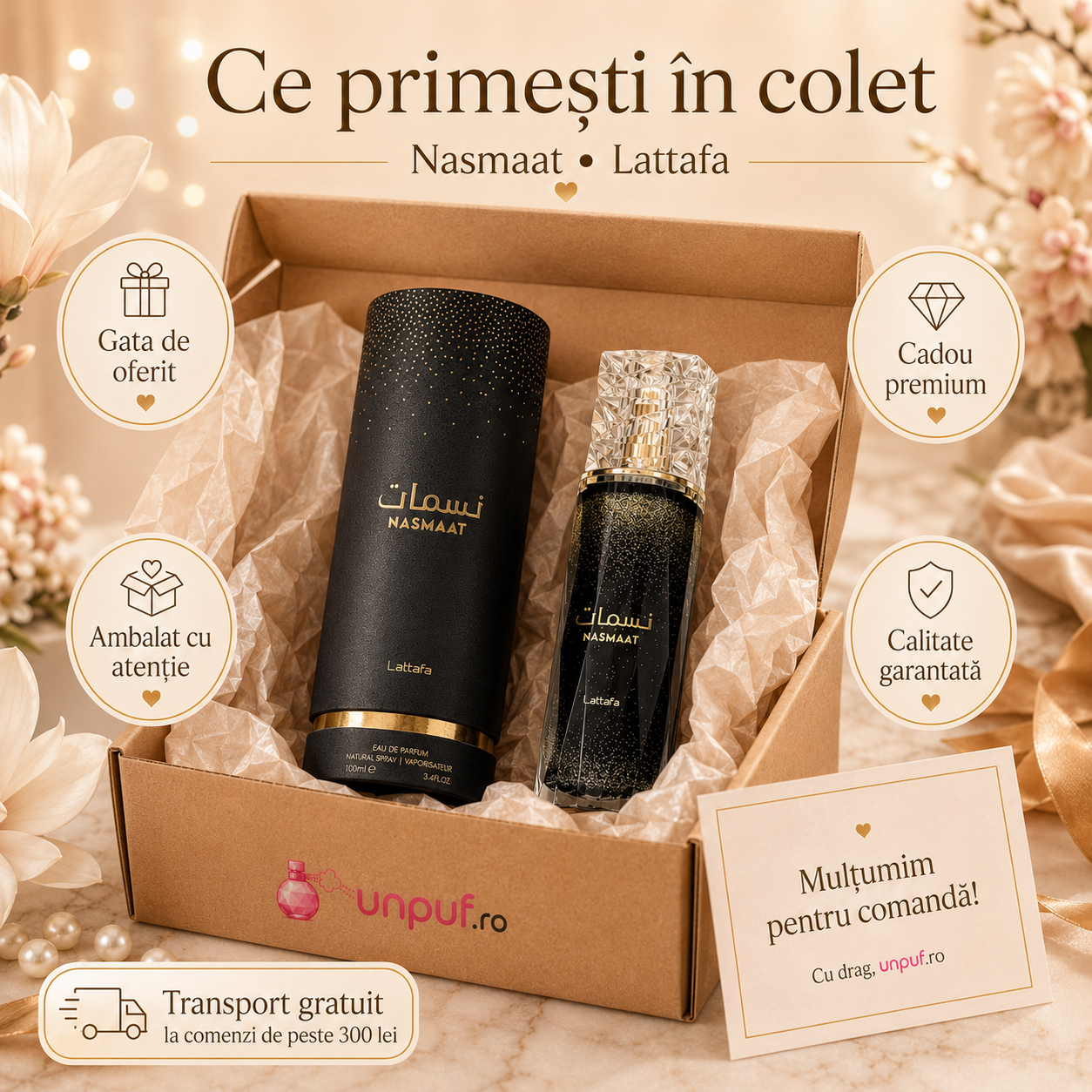 Lattafa Nasmaat EDP 100 ml cadou premium, parfum arabesc ambalat elegant, gata de oferit